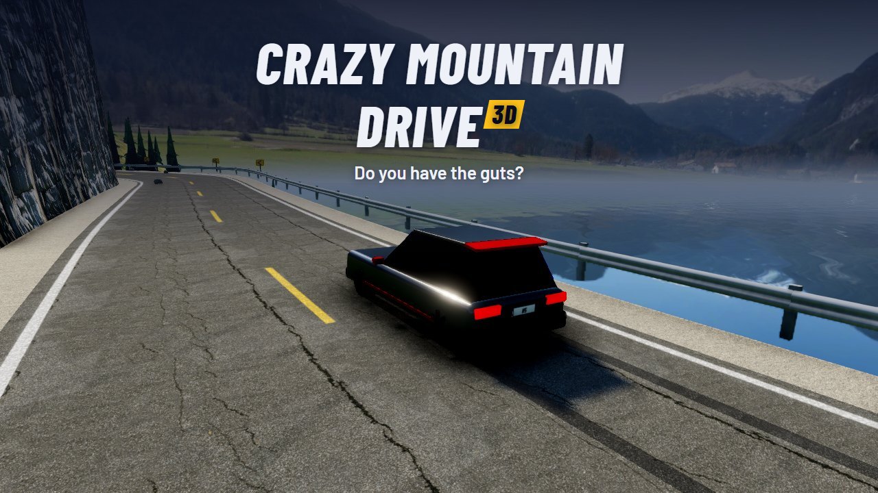 Crazy Mountain Drive 3D: a car on a mountain road above an alpine lake, under the game logo
