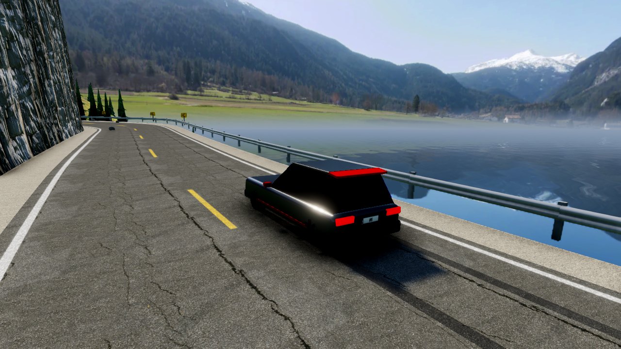 Level 1, Mountain Lake Pass: the Pip Hatch on a guardrailed road above an alpine lake, with snowy peaks ahead