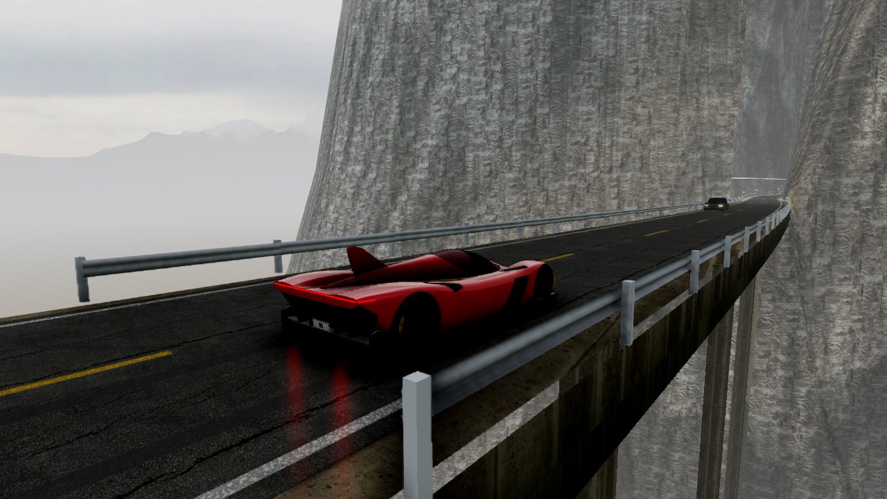 Level 3, Waterfall Ridge: the red Apex T1 crossing a bridge in the waterfall mist
