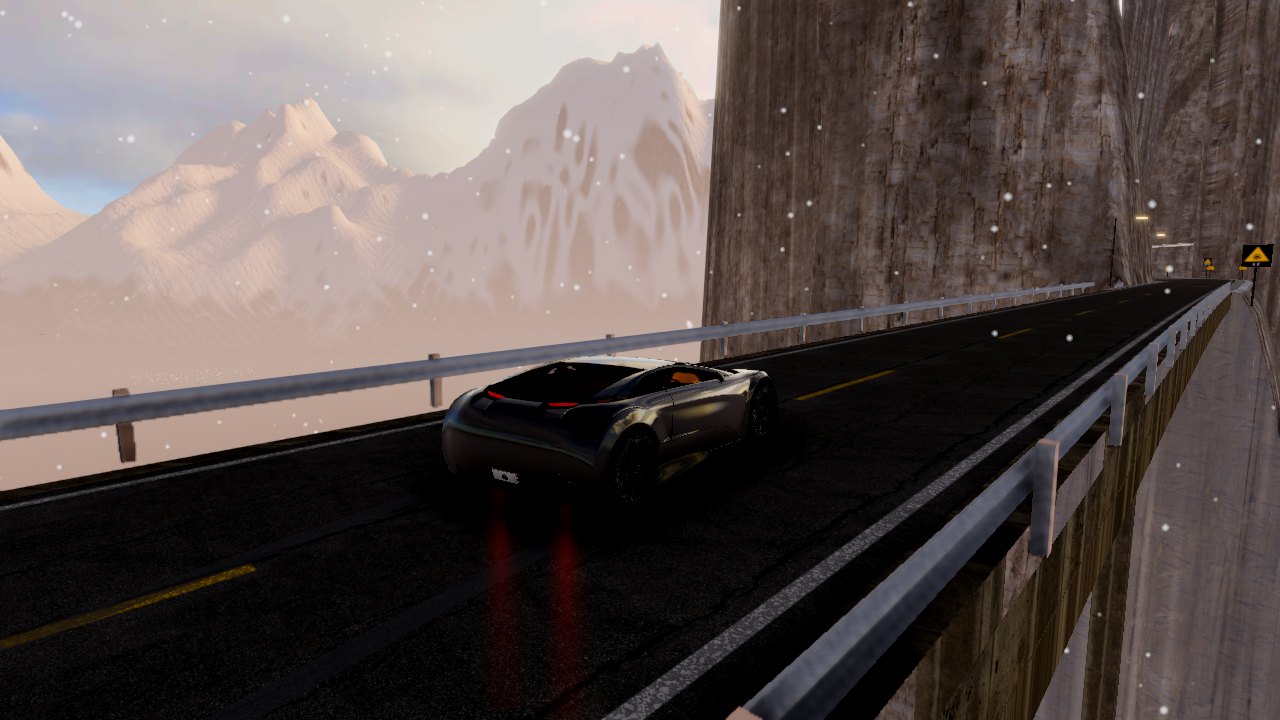 Level 5, Snowfall Heights: the Featherblade on a bridge in falling snow, with sunset peaks behind
