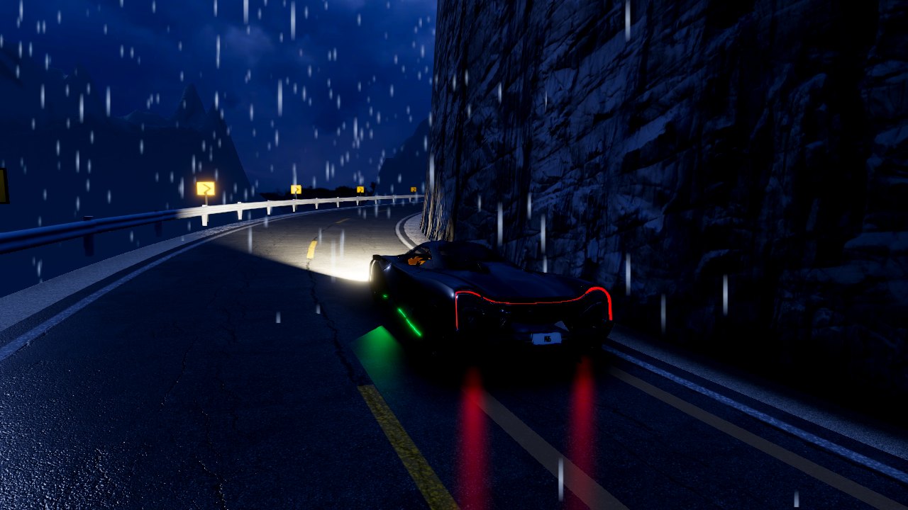 Level 6, Storm Peak: the Zenith's green light strips and headlights on a wet edge road in the night rain