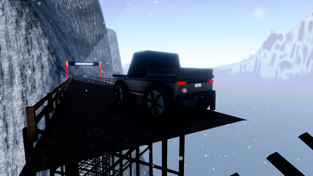 Level 7, Summit Showdown: the Goliath monster truck at the broken end of a timber trestle bridge in the snow