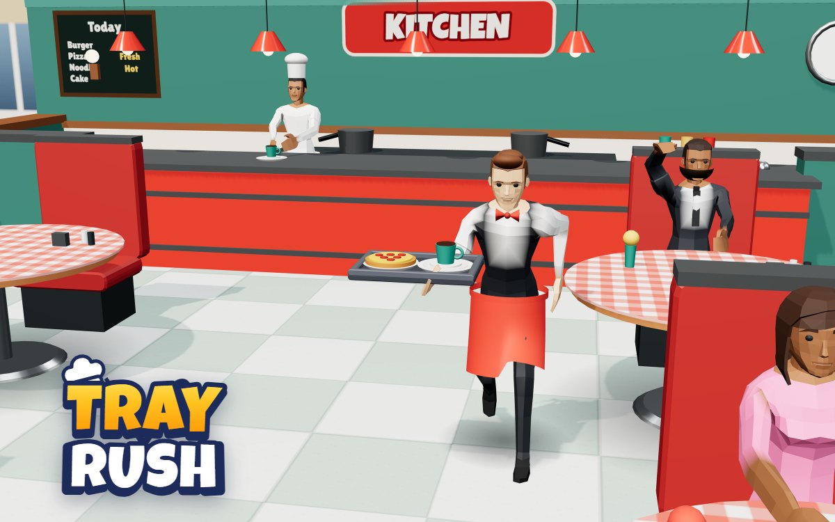 Tray Rush: a waiter carries a pizza and a coffee across the diner while a customer waves him over