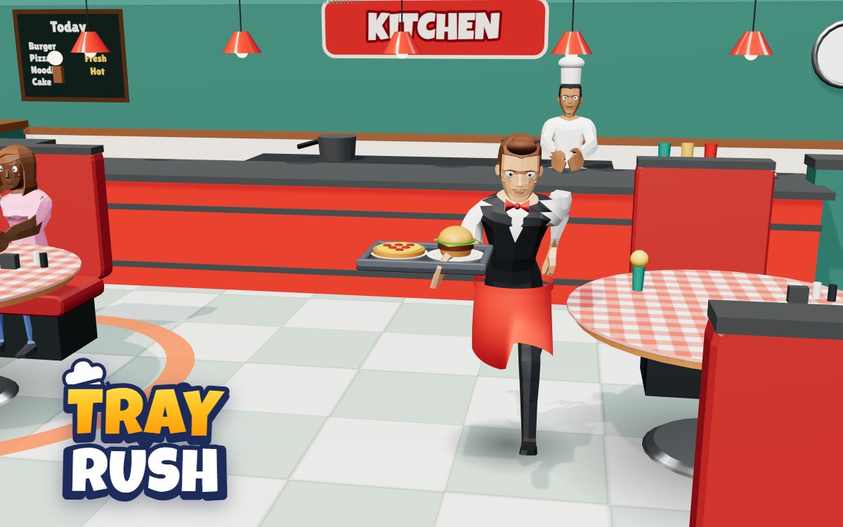 Tray Rush: a waiter carries a pizza and a coffee across the diner while a customer waves him over